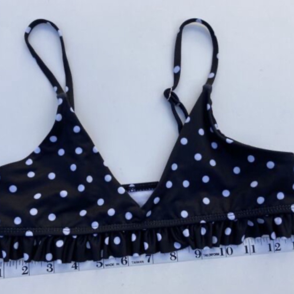 Black and White Polka Dot Bikini Top with ruffle trim size small‎